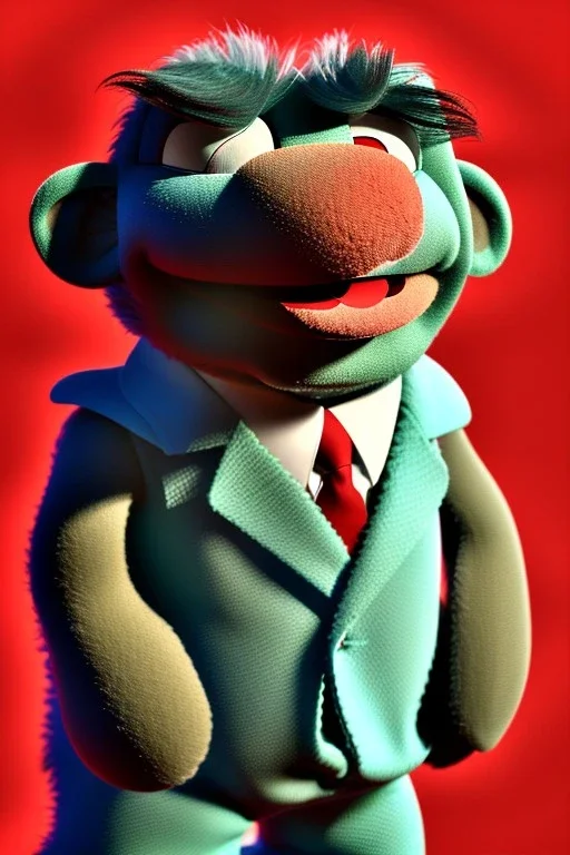 Waist up muppet Portrait, Kim Jong-un muppet doll, black suit, photo studio, red background, unreal engine 5, concept art, art station, god lights, ray tracing, RTX, lumen lighting, ultra detail, volumetric lighting, 3d.