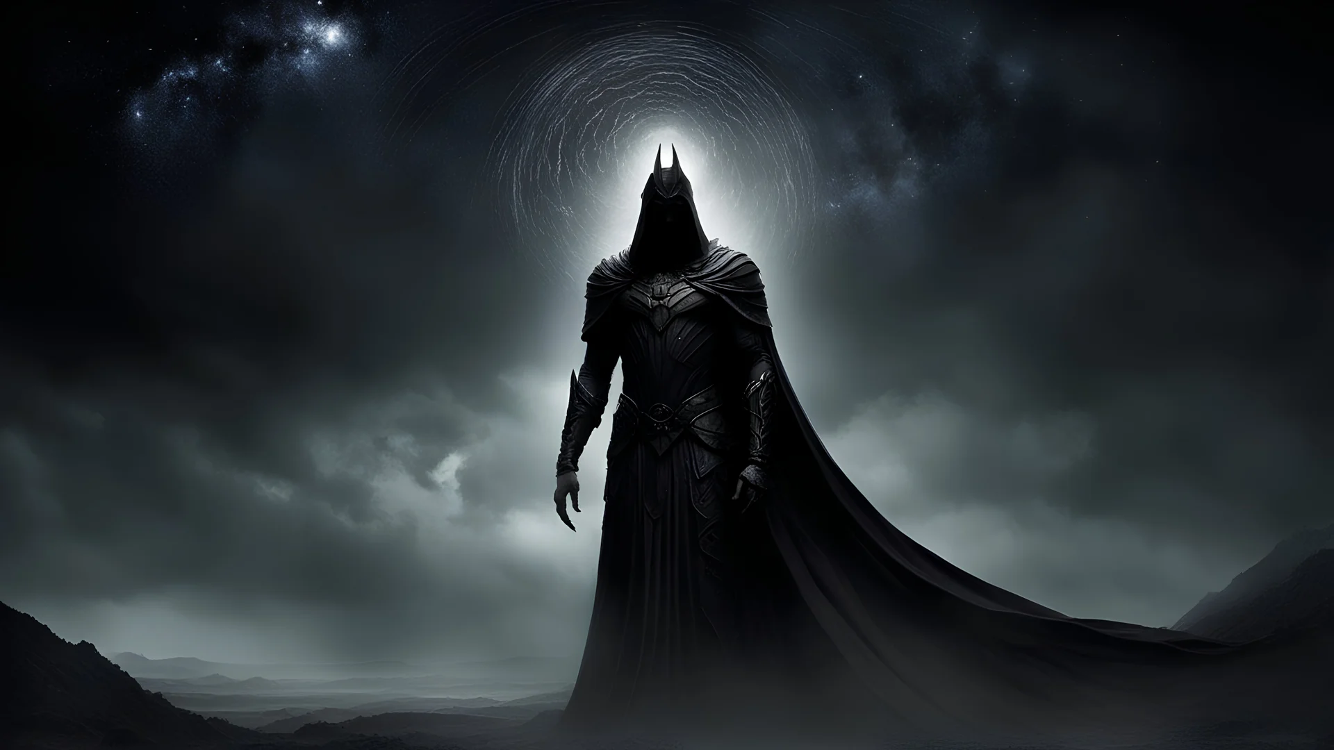 The Dark Prince. Legend whispered of his ascent, a tale woven with threads of darkness and despair that entwined the very fabric of reality. From the depths of obscurity, he rose, a specter of doom shrouded in the pall of night, his gaze piercing the veil between the mortal realm and the abyss beyond. Insatiable Hunger for power. Purple shine, dark lighting, gloomy, evil atmosphere.