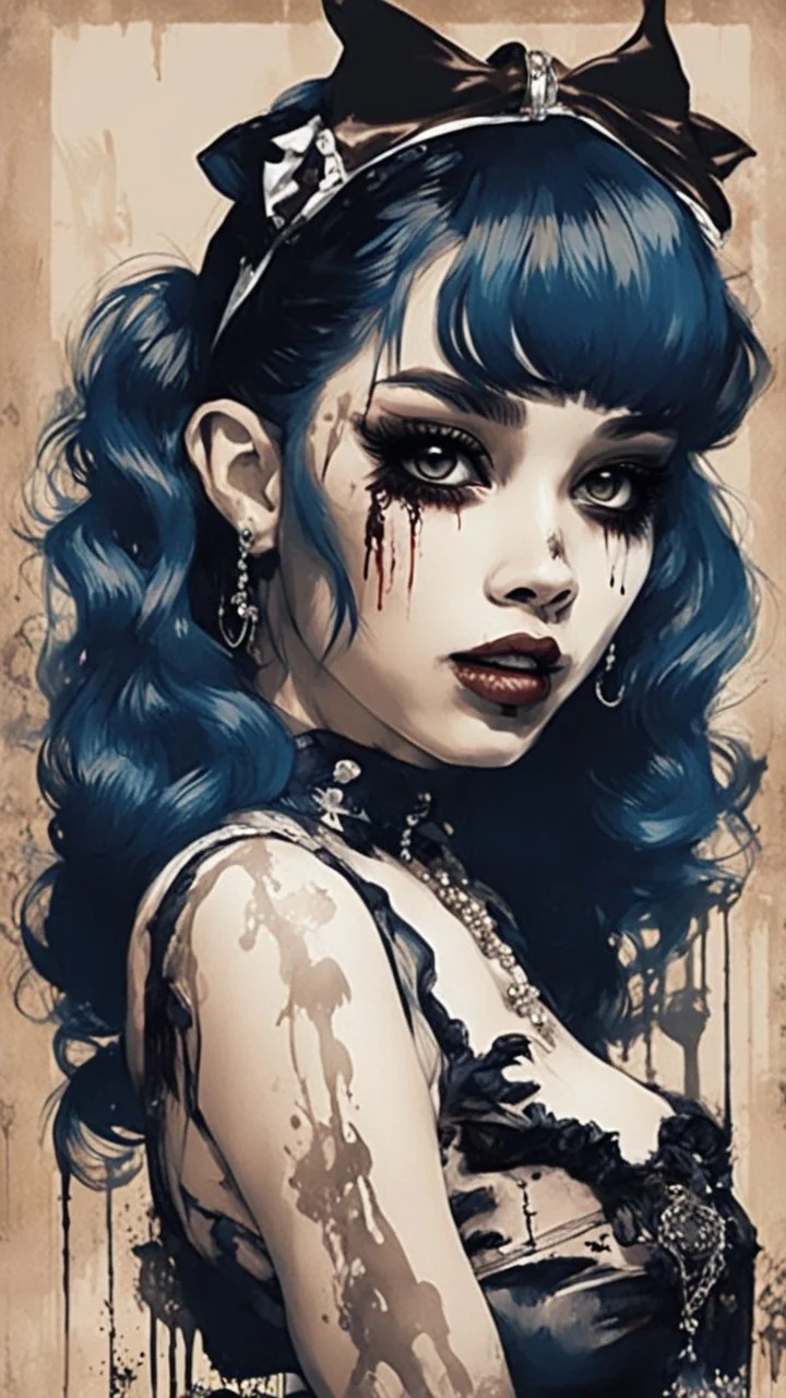 Poster in two gradually, a one side malevolent goth vampire girl face and other side the Singer Melanie Martinez face, full body, painting by Yoji Shinkawa, darkblue and sepia tones,