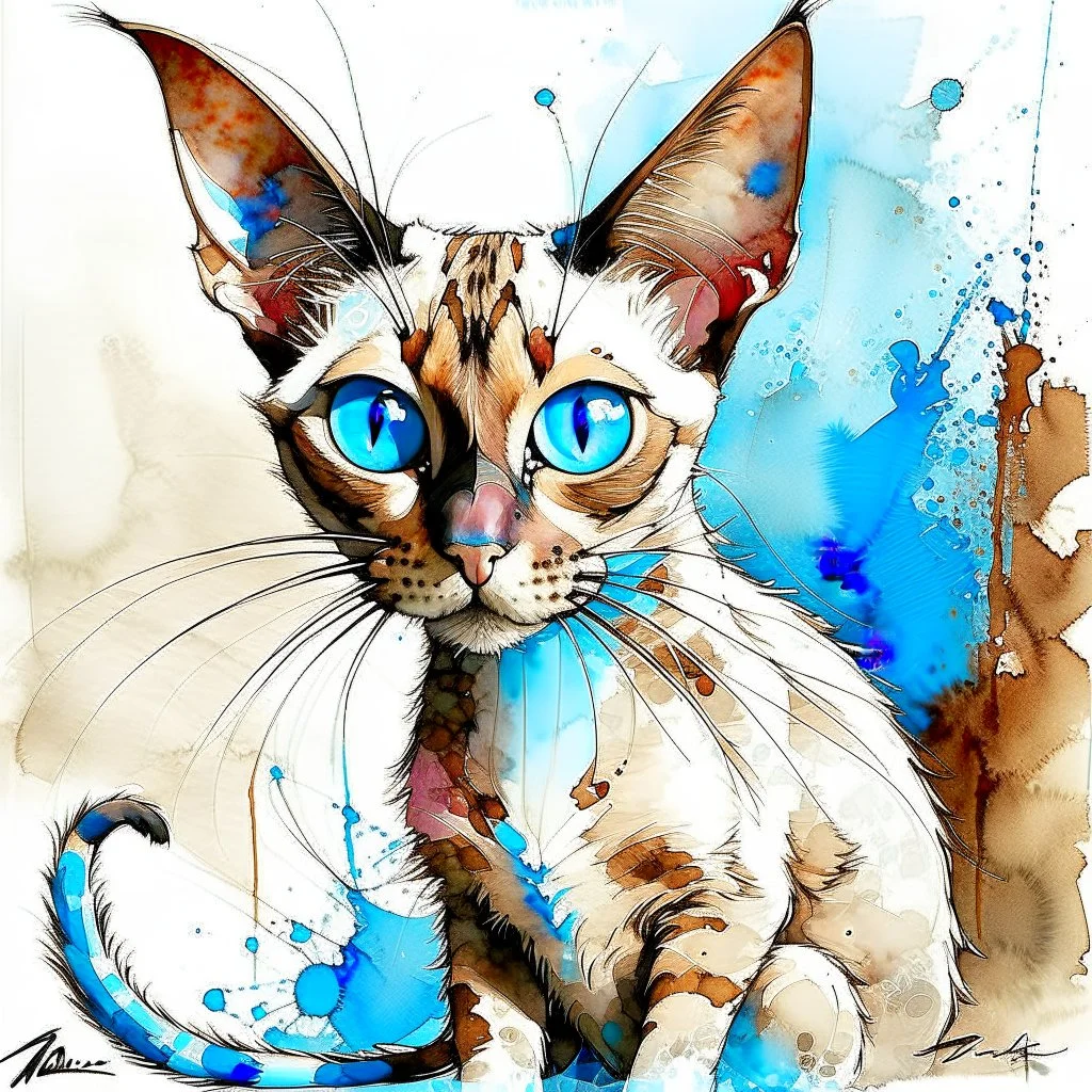 Small cursive signature Meezer3 (transparent white) in the lower right corner, delicate and integrated into the painting. Oriental shorthair Siamese chocolate point cat with vivid blue eyes. art style. Mixture of techniques. Scratched paint, peeling paint, dry brush, watercolor washes, ghost image details, blotted paint areas. Mixed media; gouache, alcohol ink, oil crayon, conté crayon, pastel and collage. Colorful Concentric Rings of a polished Agate Slice. ChatGPT