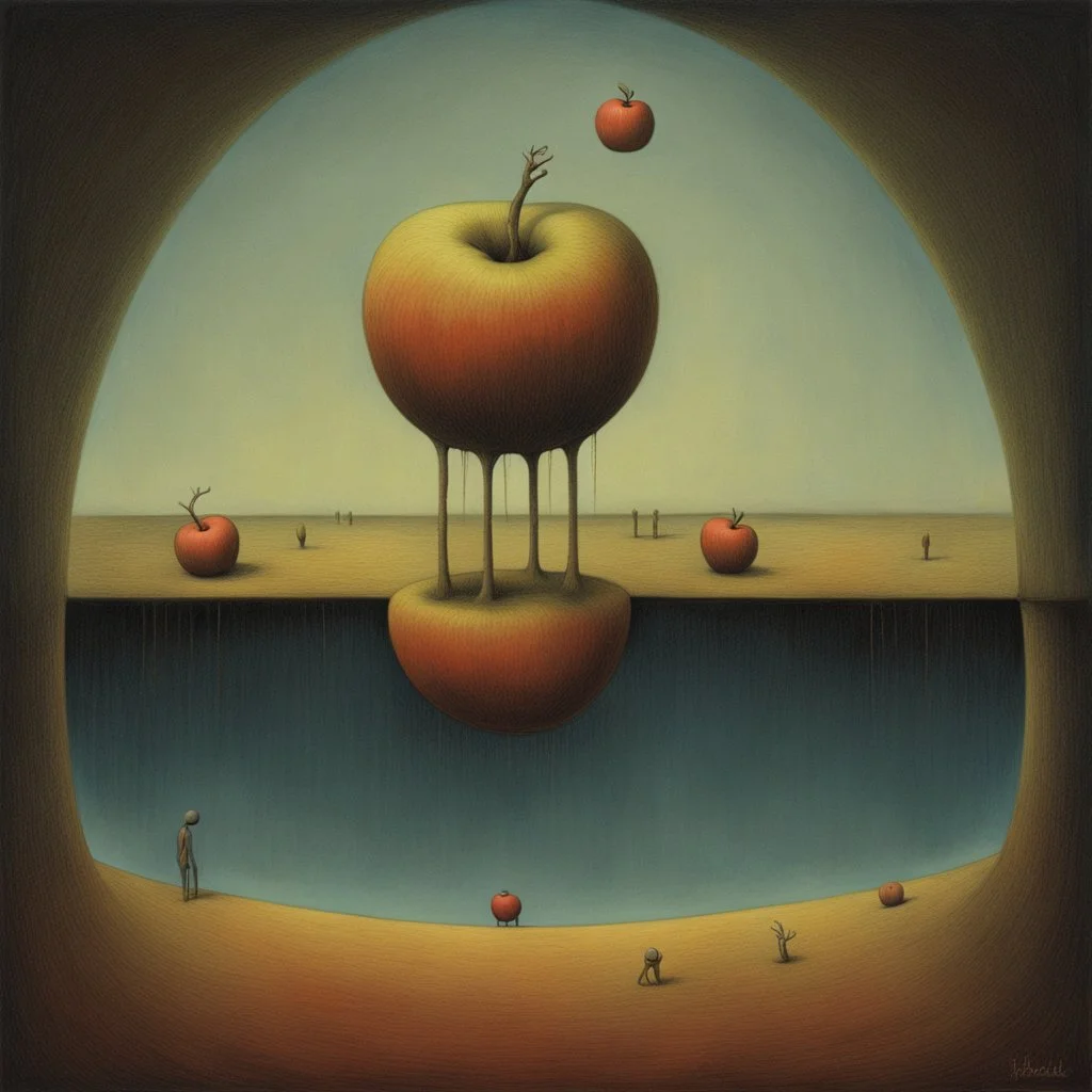 Surreal horror style by Pawel Kuczynski and Victor Pasmore and Beksinski and Arthur Secunda and Bocklin, surreal abstract art, apples representing paranoid deep-seated fears of being watched, metaphoric sinister anthropomorphic weirdlings, weirdcore, unsettling, asymmetric diagonal abstractions, surreal masterpiece, bright colors, metaphoric, creepy, never before seen art of beyond, textured dark oil painting