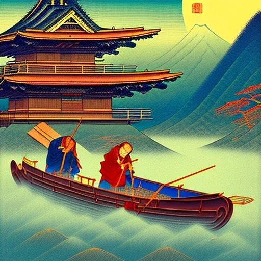 Ukiyo-e styled art, stream, mountain, sun, family on a boat