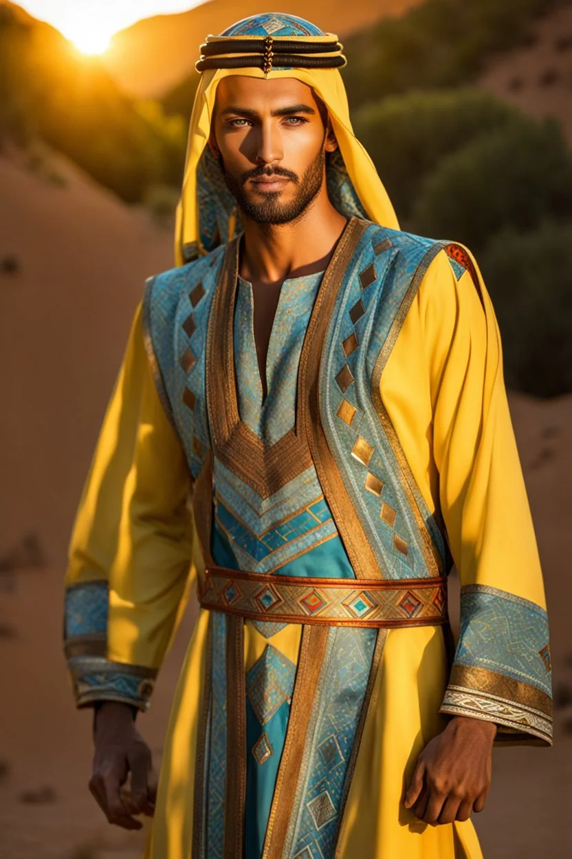 Super model arabian handsome man, detailed, hyper realistic, wearing Arabian a vibrant Amazigh dress adorned with geometric patterns,in the sun, standing proudly in the Atlas Mountains.