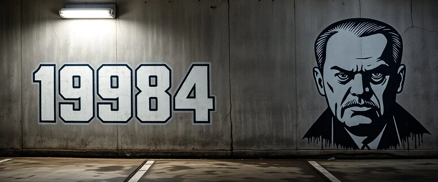 background of wall(wet textured concrete, gray, old, cracked, stained, 1 wall light) from underground parking, german style, a large blocky "1984" painted on left(old faded paint), cyberpunk, to the right a larger mural(tightly cropped face, scornful, staring, dictator, from 1984)