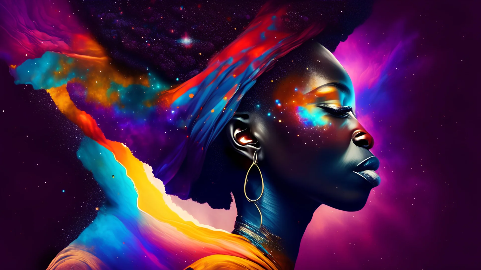 An african woman with colourful nebula