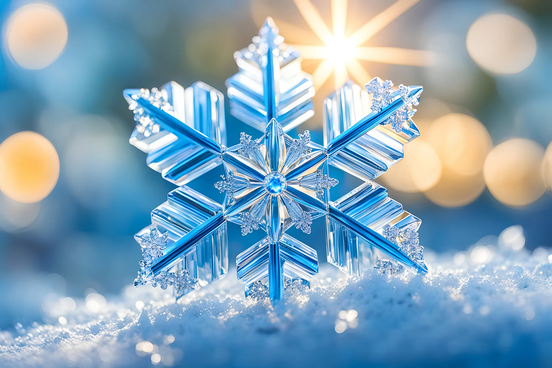 Beautiful enlighten entire big jewels cristal snowflake on the winter sunny morning ,blue sky, Miki Asai Macro photography, entire but close-up, hyper detailed, trending on artstation, sharp focus, studio photo, intricate details, highly detailed,