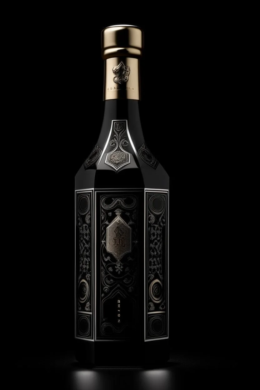 Luxurious square black wine bottle engraved in black and white gold