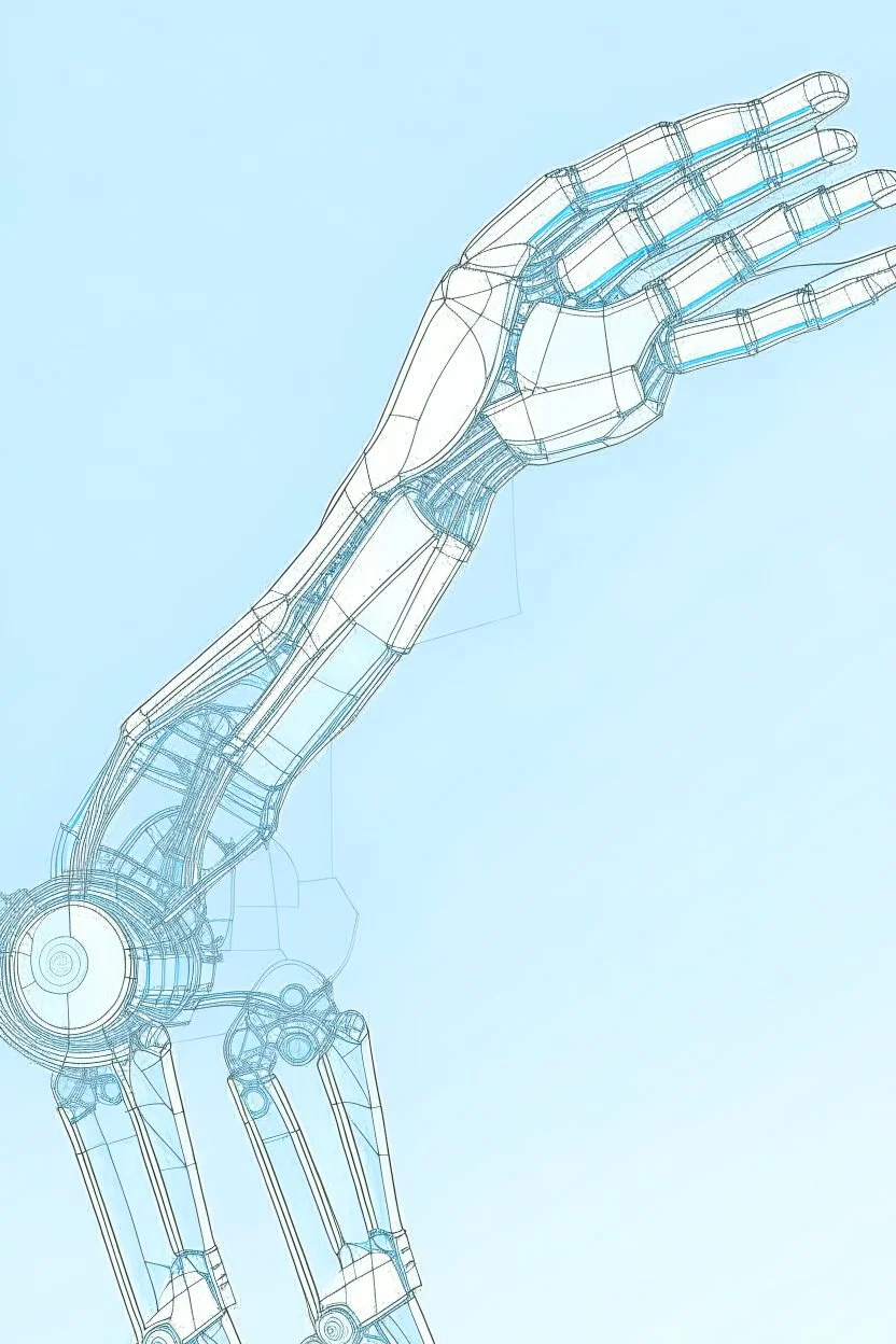 Draw mechanical arm drawing scientific papers with slender flexible structure and flexible joint. The three-dimensional structure in the figure needs to be filled with color, and the background uses the light blue sky composition.