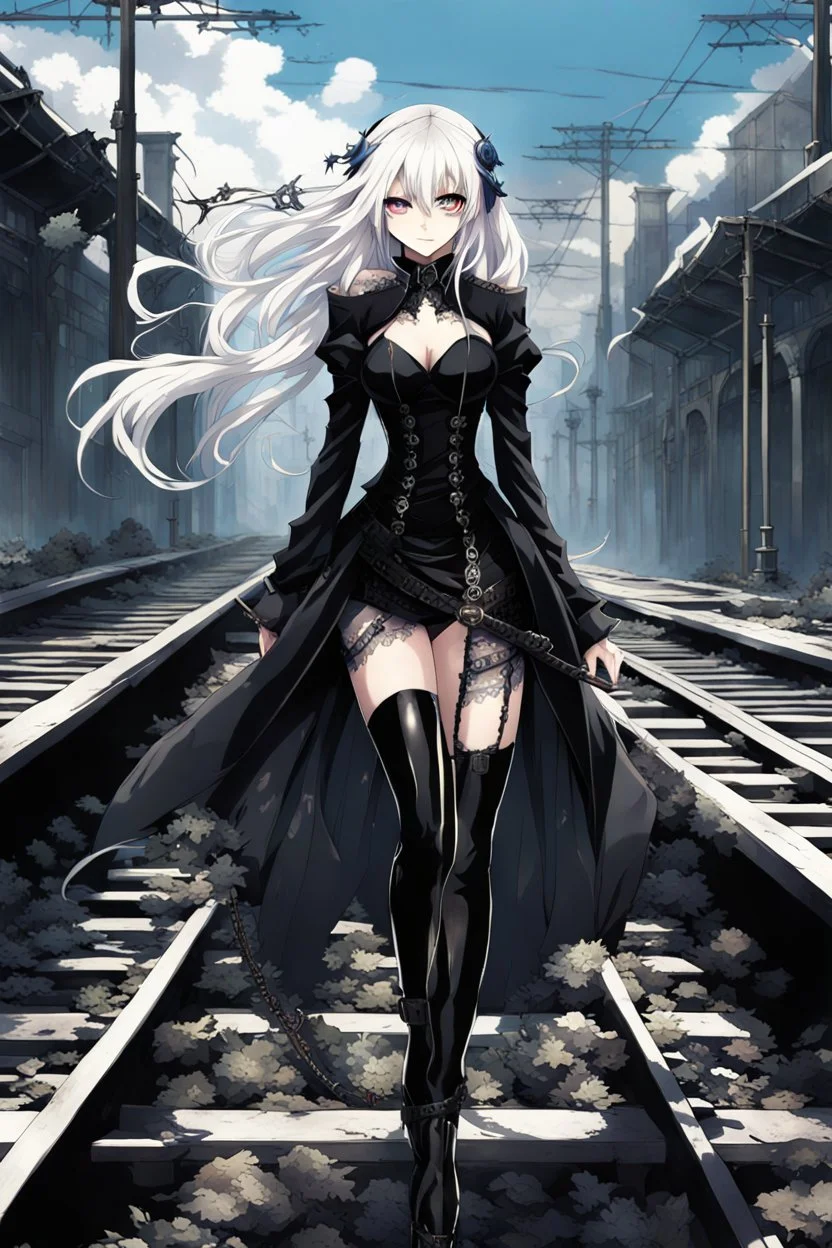 a captivating gothic anime girl, her ethereal beauty accentuated by porcelain skin and vibrant blue eyes. She stands firmly on a train track, legs wide apart, hands on hips, wearing a sleek black dress with lace details and a gun holstered on her thigh. Her flowing white hair billows in the wind as the smoky background portrays a chaotic scene of crumbling buildings and raging flames, emphasizing the imminent arrival of the train.