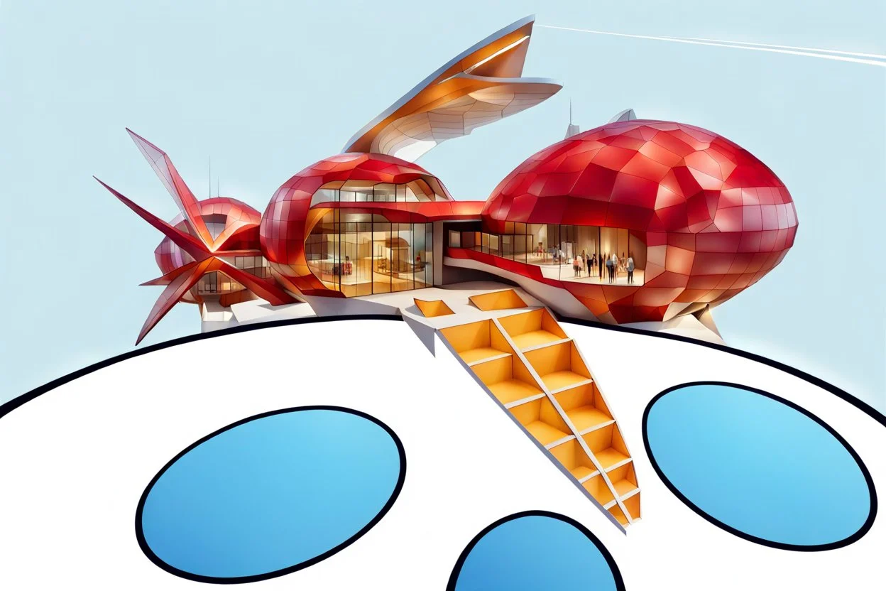 Architectural drawing of a Neofuturistic art museum, (((isometry))), ultra quality, people, treets