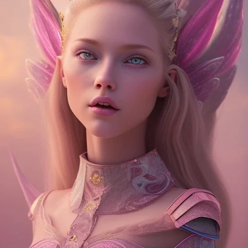 in front of a pink castle, a cheerful fairy, big smile, pink, blonde hair, beautiful, whole face, whole top hair head, wide open blue eyes, transparent wings onn the back, hyperrealism, masterpiece, expert, cinematic lighting, sharp focus, 8K, pastel, macro lens, woman, detailed, flower