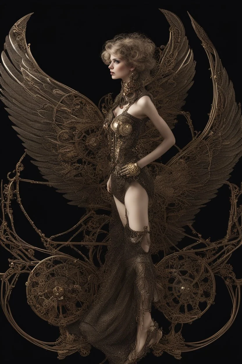 From above, steampunk delicate metal woman, wings, black background