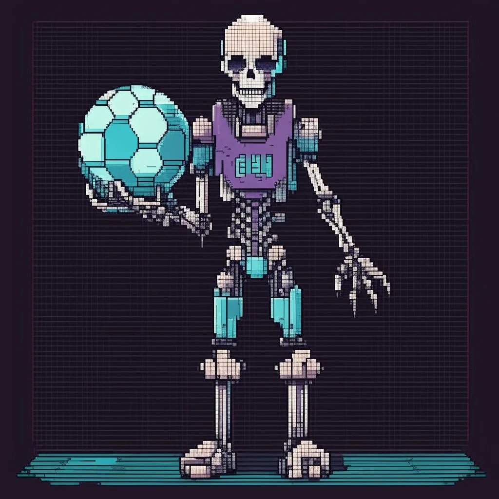 A pixel art cyberpunk version of the best football predictor master pundit soccer champ master skelleton