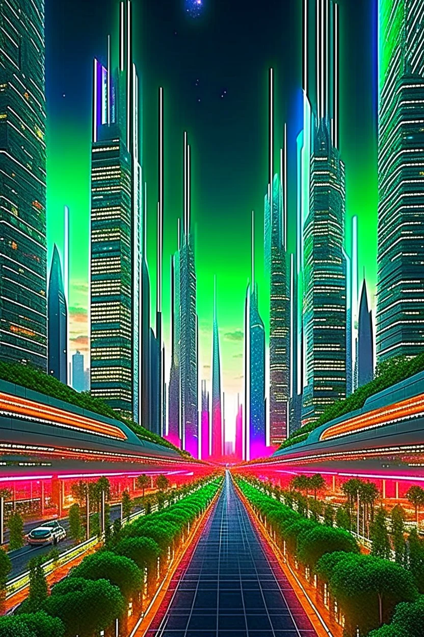 Create a vibrant and bustling metropolis of the future, where advanced technology meets architectural wonders. The city should exude a sense of energy, progress, and innovation. Incorporate towering skyscrapers with sleek designs, illuminated with neon lights and holographic displays. Populate the cityscape with flying vehicles, bustling crowds, and hints of greenery seamlessly integrated into the urban environment. Let the colors be bold and vibrant, 1400x240 pixels