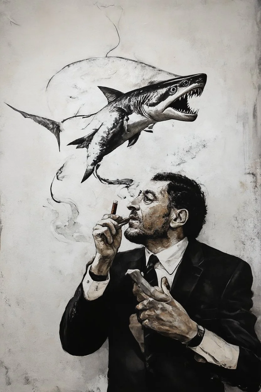 man with catfish shark head smoking a cigarrette in the style of banksy