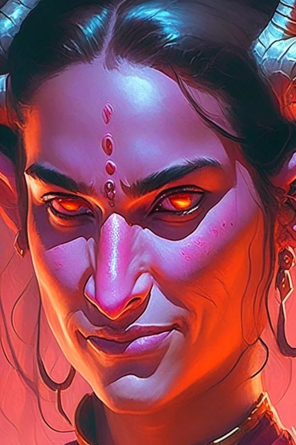 purple skin, glowing fiery eyes, smile, soft female face, beautiful, graceful, horns from forehead, pontail, black hair, sidebangs, looking up