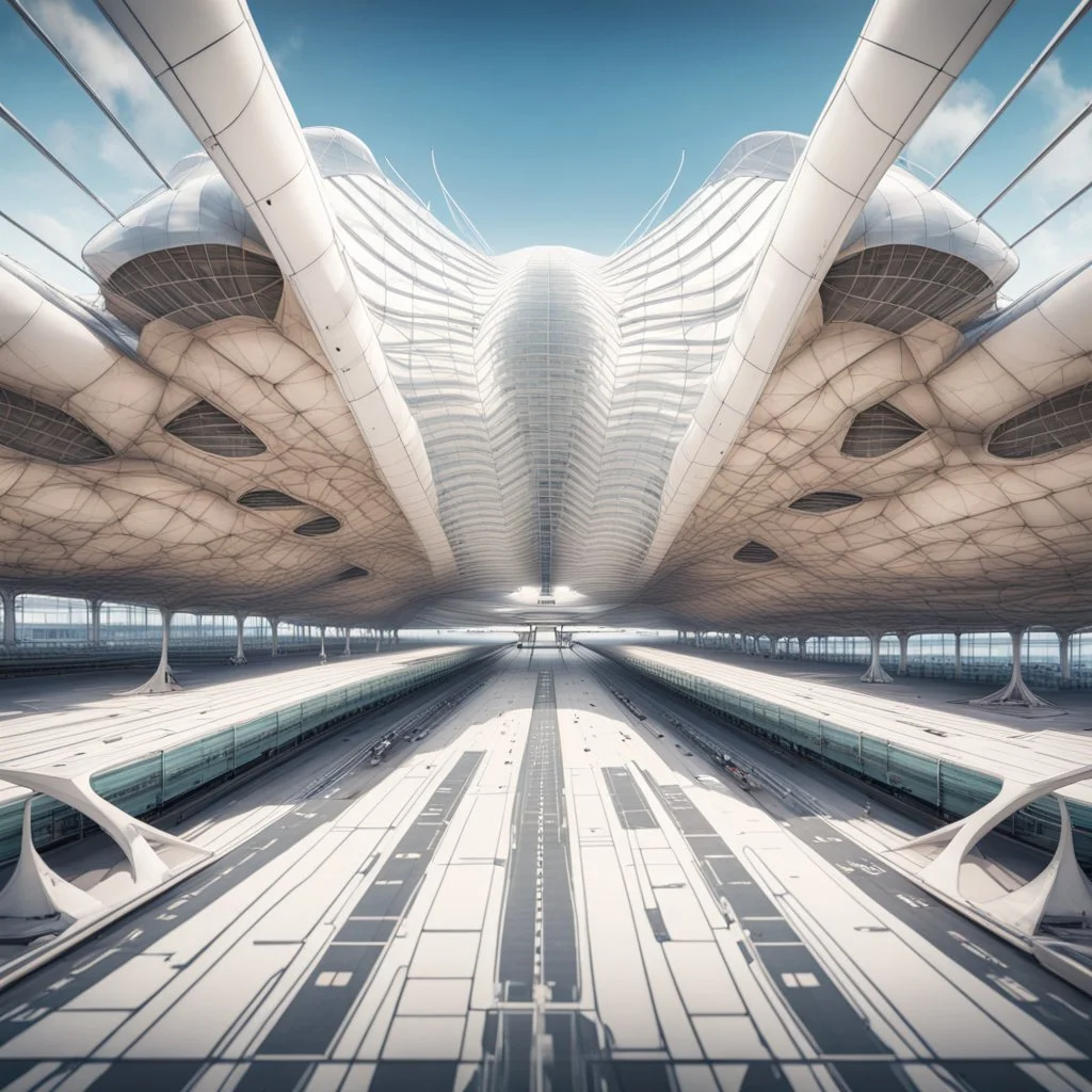 perspective of the symmetrical exterior view of an ant-shaped airport, spectacular, shocking, ultra quality, maximalist, 8k 3D