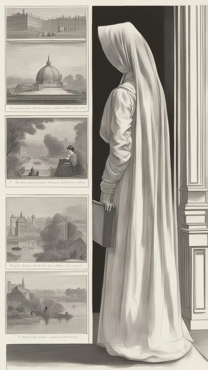 A woman wearing a veil and a wide skirt, and pictures from behind, is reading a book