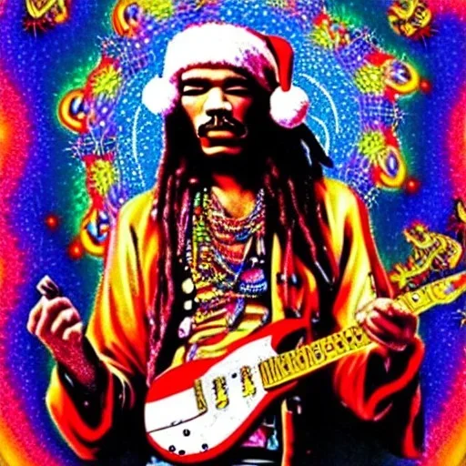 hippie JIMI HENDRIX Santa playing electric guitar, psychedelic, peace sign, MUSHROOMS, TRIPPY, ACID, LSD, dreadlocks