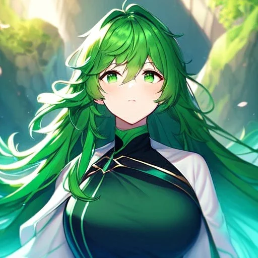 girl, masterpiece, best quality, volumetric lighting, dynamic pose, detailed outfit, perfect eyes, green hair, green eyes, messy hair, long hair, looking up,