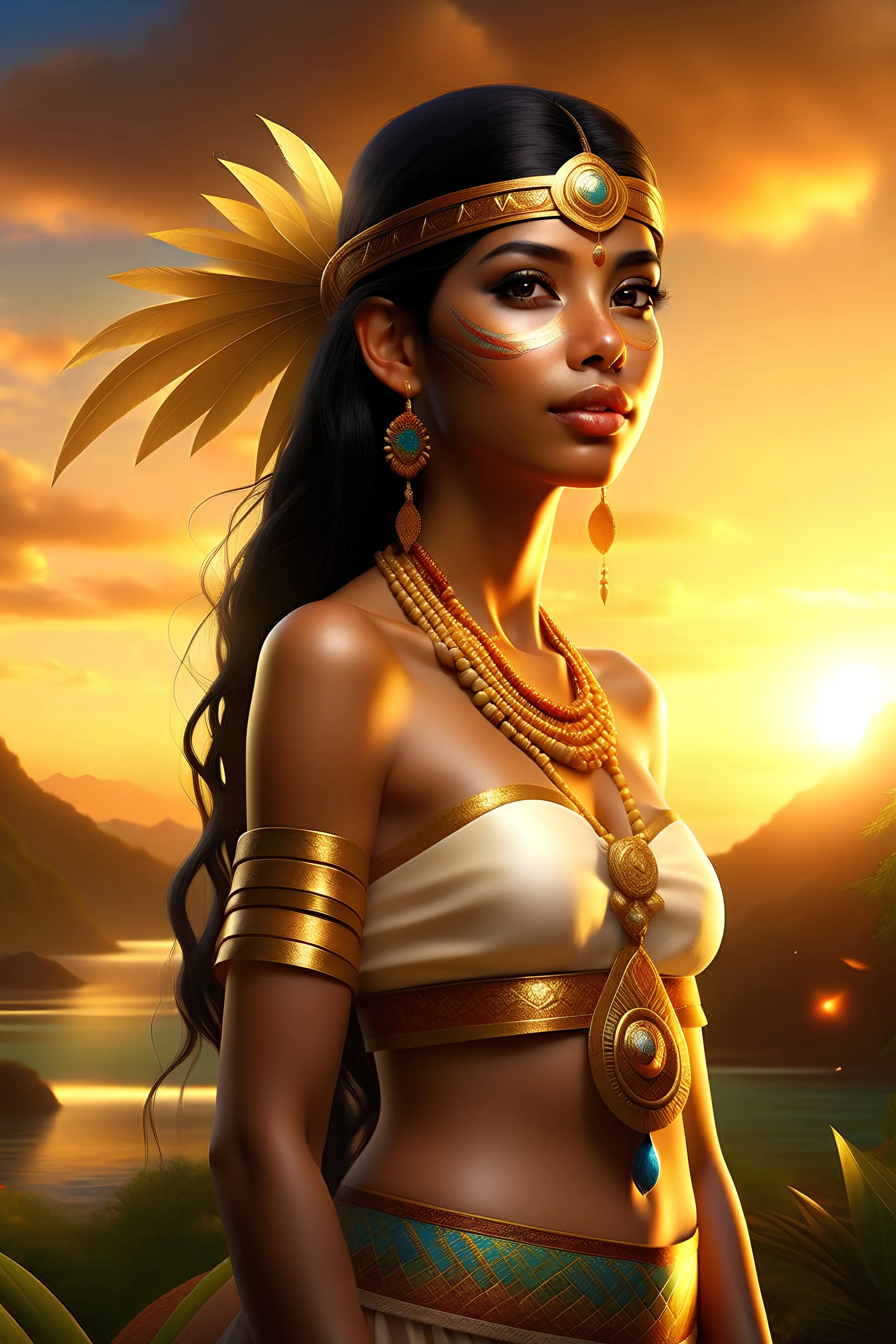 Digital art, high quality, digital masterpiece, natural illumination, spotlight, sunset, realistic, disney style, beautiful, (full body:3), (1 beautiful young peruvian standing, wearing a Female Inca Costume:3), (cute femenine face:1.8), (sexy eyes:1.6), tan skin, (Female Inca Costume:1.5), (dark brown hair:1.8), (Inca town:1.8), (Peruvian valley at background:2)