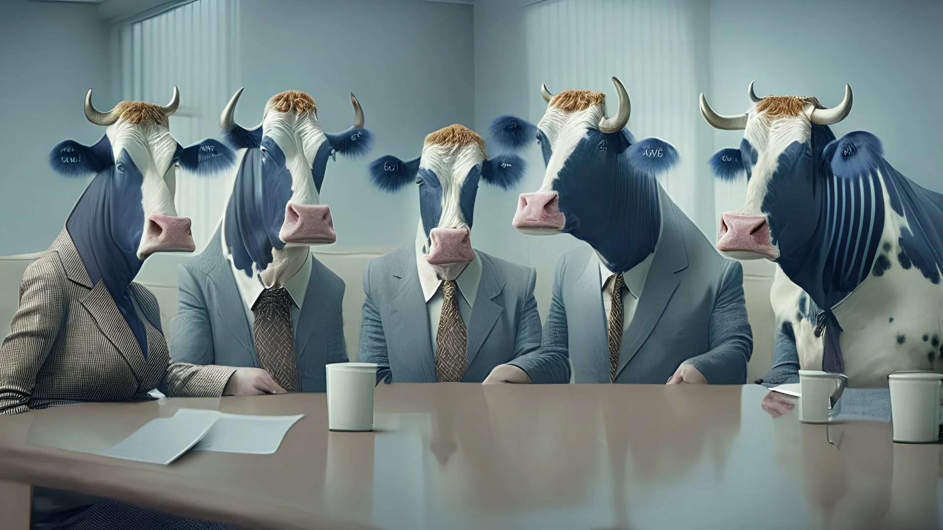 antropomorphic cows at a business meeting