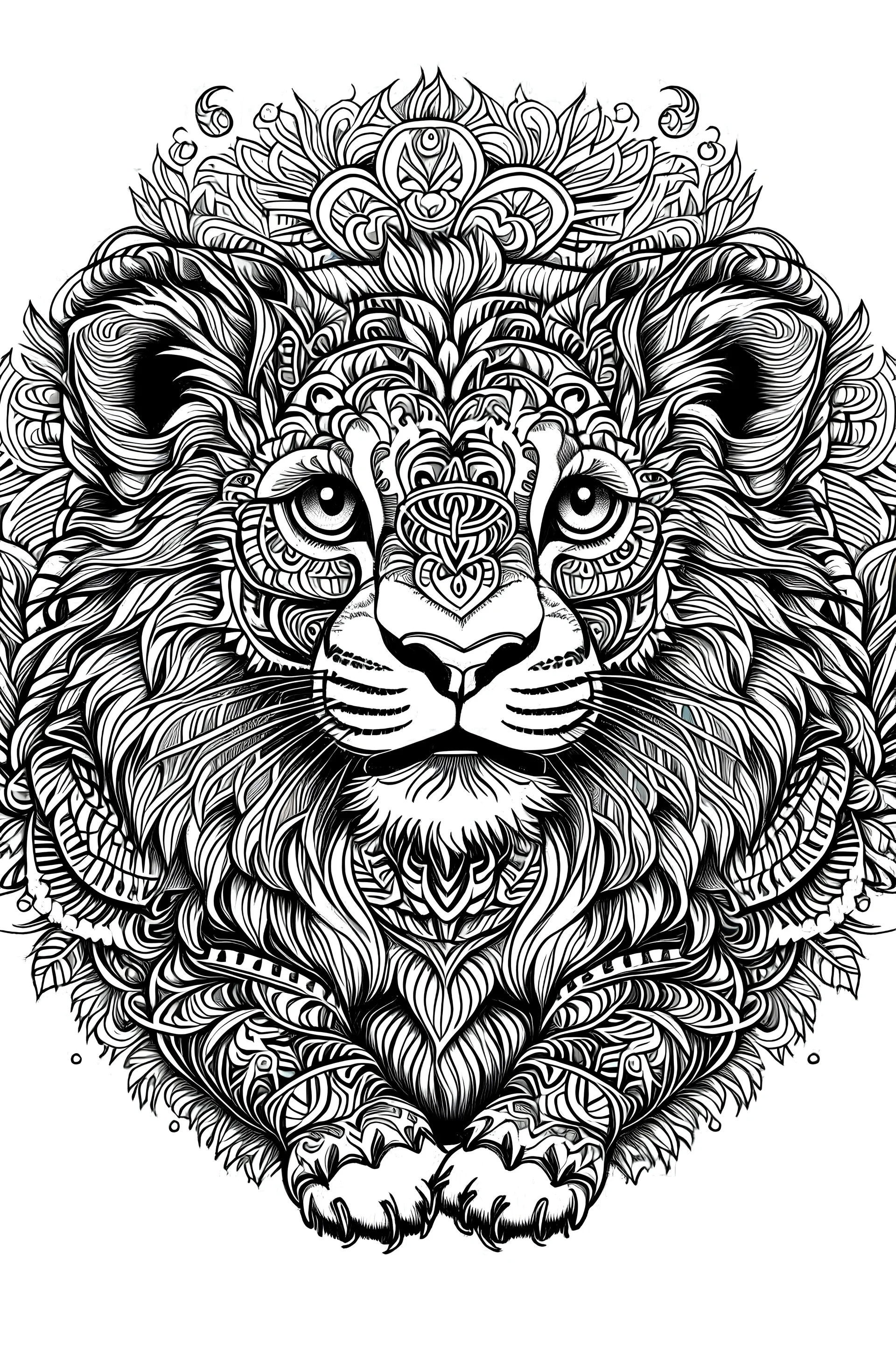 mandala lion cub : black and white with white background.