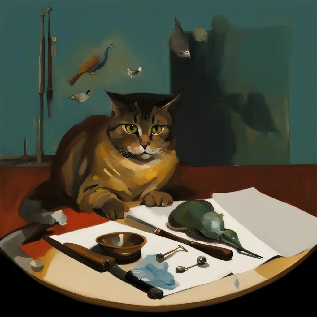 UN conference.a cat looking at a pigeon,human flesh-like surgical instruments and universe-like neuralink, surrealism,symbolism,minimalism,Painting By Adrian Ghenie, Rene Magritte, Salvador Dali, Lucian Freud