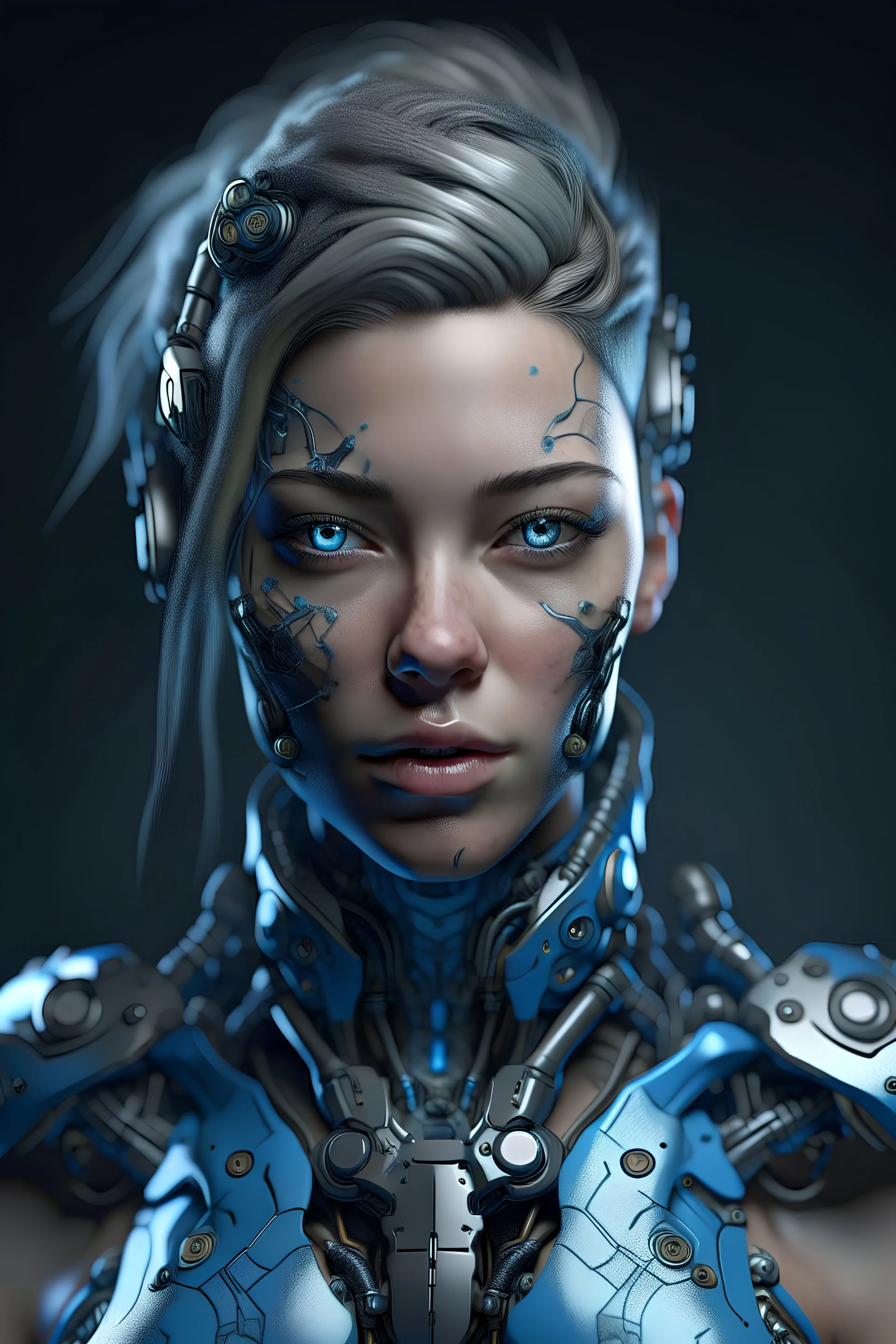 Cyborg female evolving | concrete floor | detailed | fine art | highly detailed | smooth | sharp focus | ultra realistic | full body portrait view | Mysterious | blue metal, smile, blue eyes