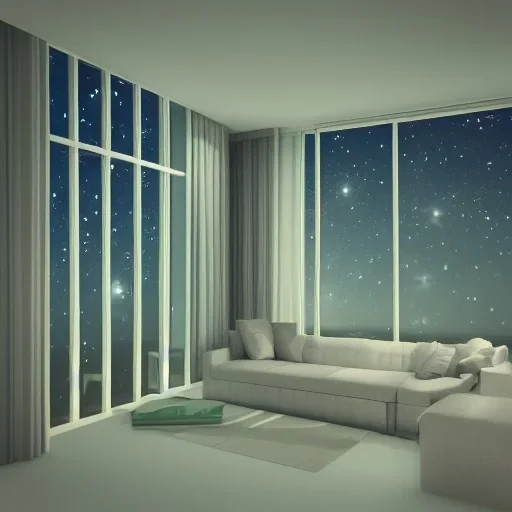 Starry background, realistic modern house section, night, luminescent windows, architectural drawing