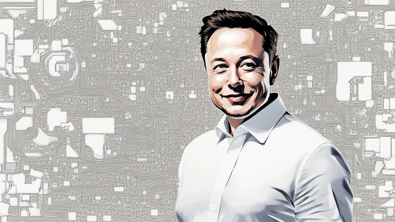 "A captivating image blending the brilliance of tech pioneer Elon Musk with cutting-edge artificial intelligence technologies. Musk is clearly visible, facing the camera with a confident smile that reflects his assurance and enthusiasm. Amidst his face's candid charm, advanced robotic elements are integrated, showcasing the synergy of human ingenuity and AI advancements. This image embodies the perfect balance between humanity and technology, echoing Musk's visionary approach to shaping the futu