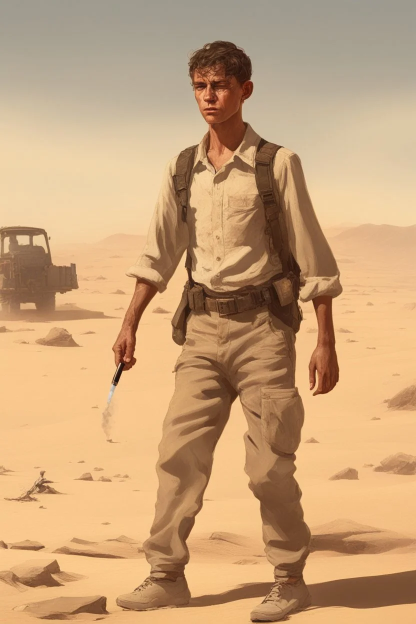 A 25-year-old wounded boy is walking in the desert with his head down, smoking a cigarette, and the scene of destruction is happening behind him