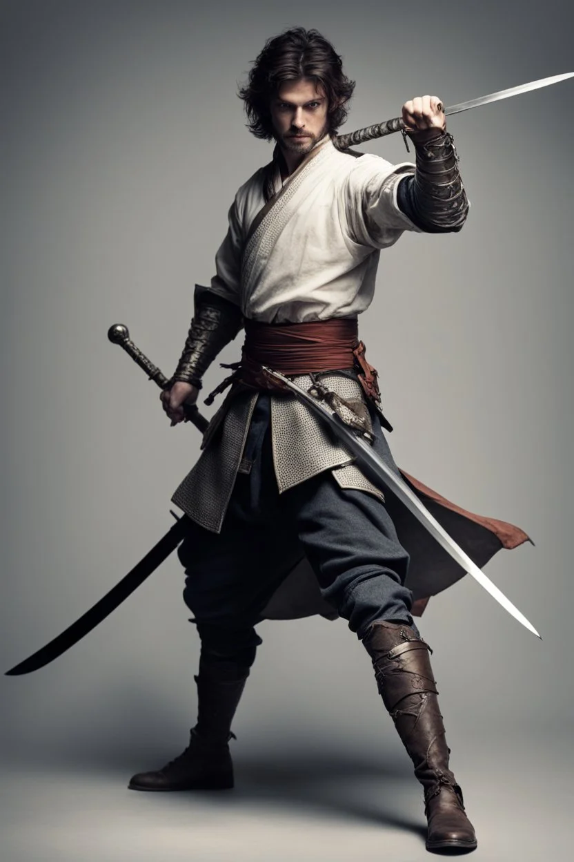 a swordsman with a rapier in right hand and nothing in the left hand. interesting pose