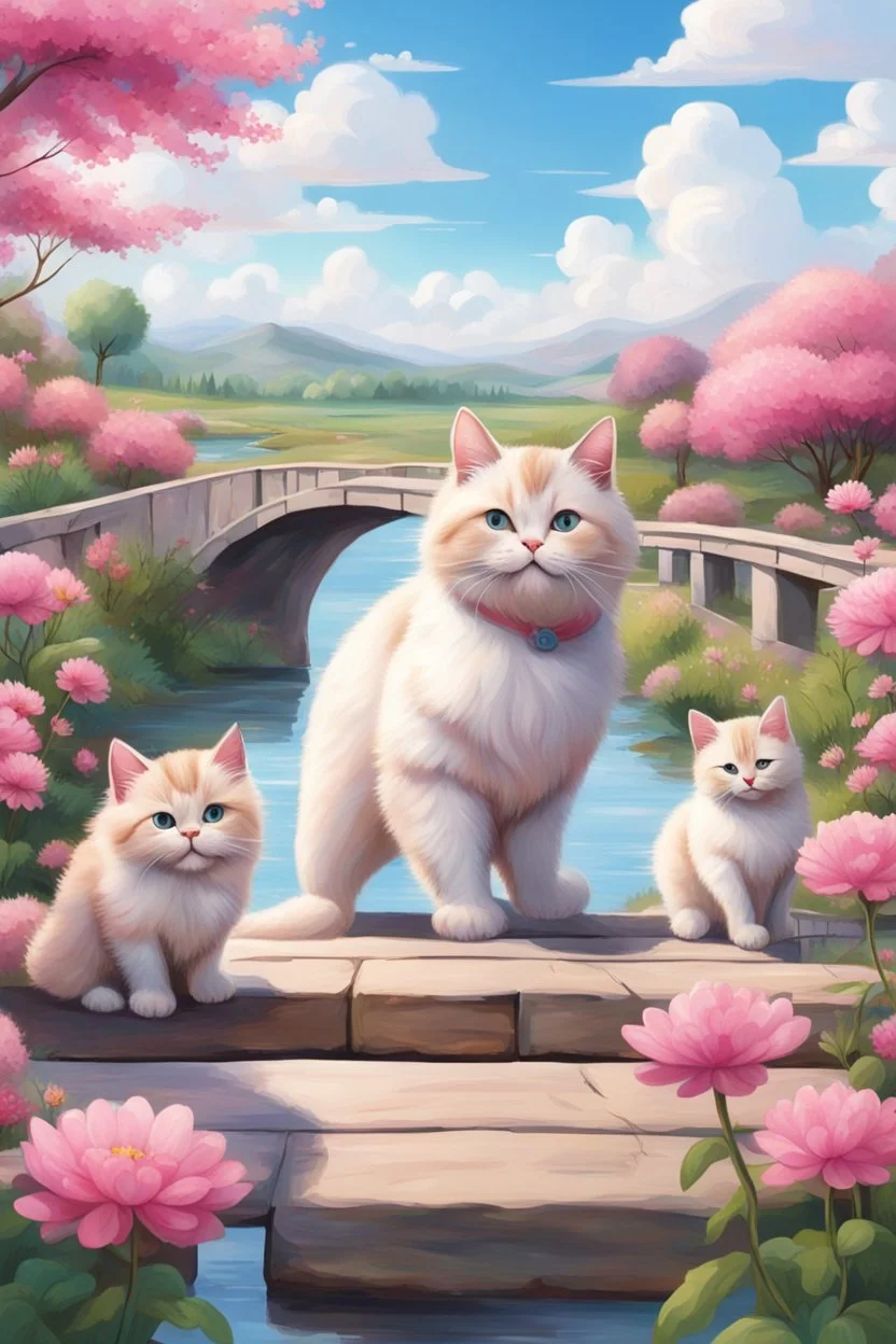 in the center: beautiful chunky cats dancing on a bridge , background: landscape, first plan: pink flowers and a small river with blue water, sky: white clouds with more cats sitting on them