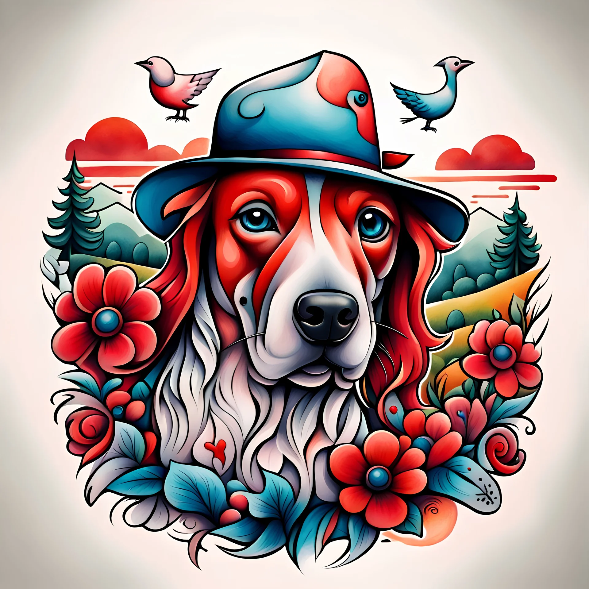 New School Tattoo Style, modern abstract color ideas, for minimalism perfect ilustracion in white backrounds, Enhanced shading, Bold and dynamic, "a Bullterier dog and flovers with long red hair in a hat with a wide open beak. In the background there is a farmyard and in the horizon tree tops. Significantly blurred background I have a pen tucked in my hat like a hunter. All for whites backrounds "