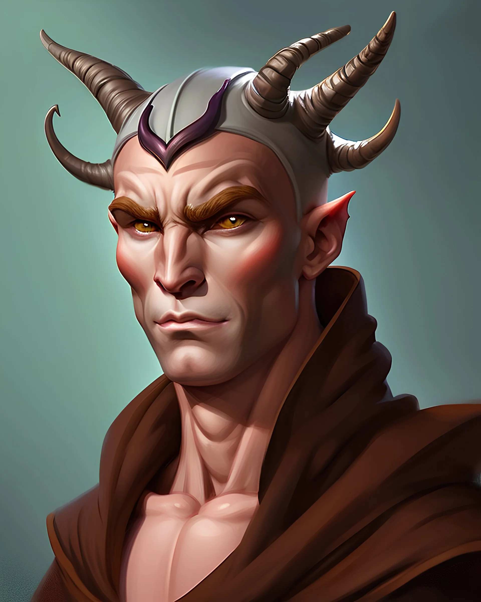 a portrait of a fantasy male tiefling monk, with horns, painted by Mike Saas