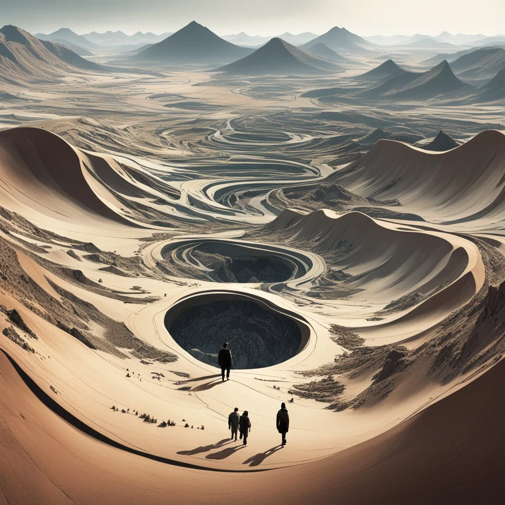 a warped world with half-formed people wandering around a deformed landscape