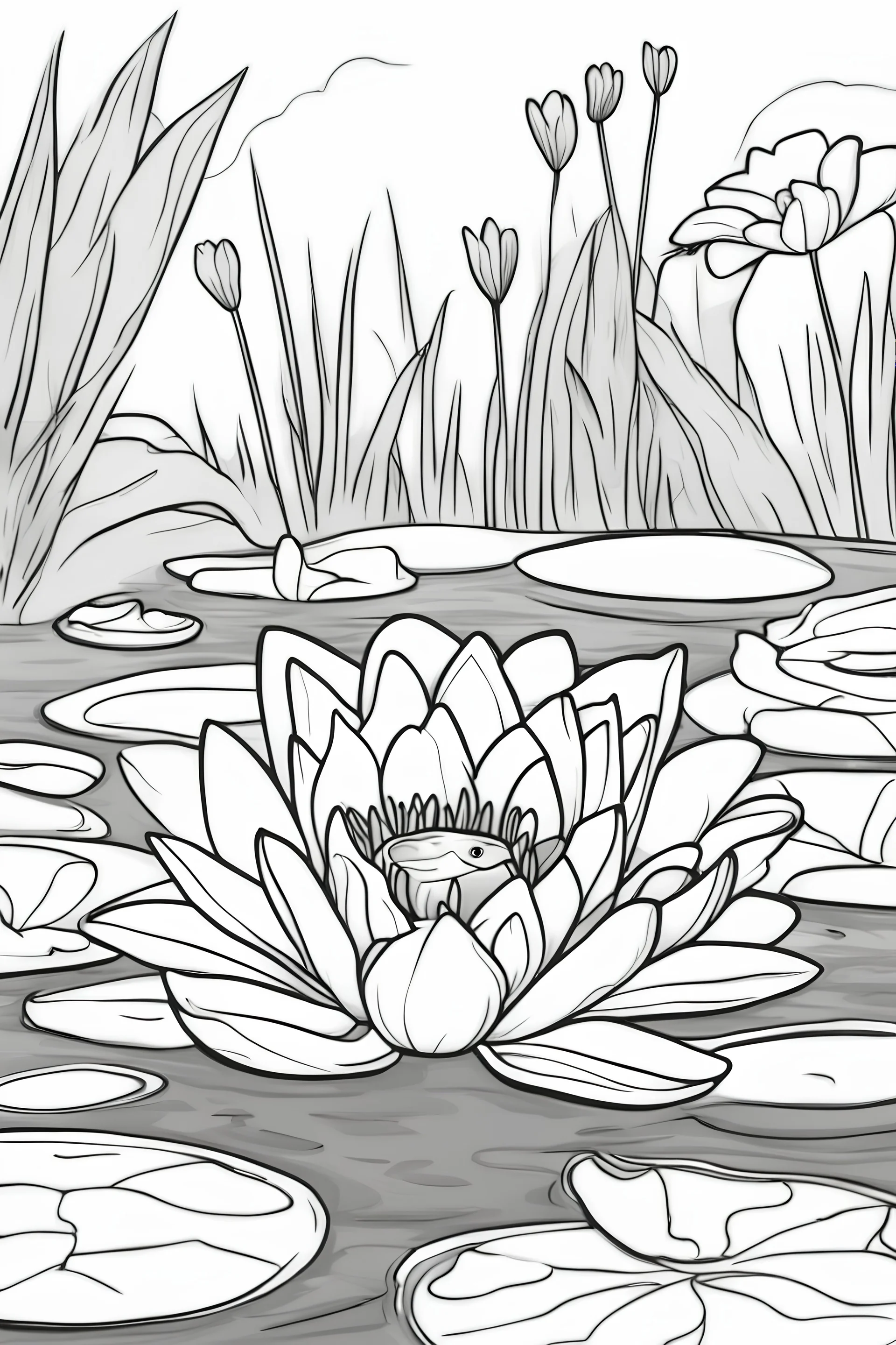 flowers coloring page for kids, water lily, cartoon style, thick outline, low details, no shading, no color