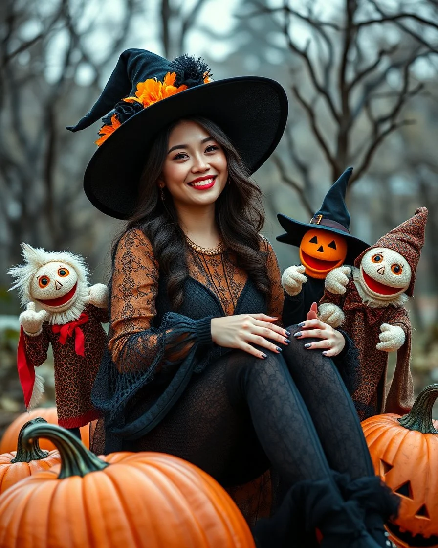 beautiful Asian woman in unique custom fashion witch style Happy Halloween,sitting biggest pumpkin Halloween ,sorrounded by puppets Halloween