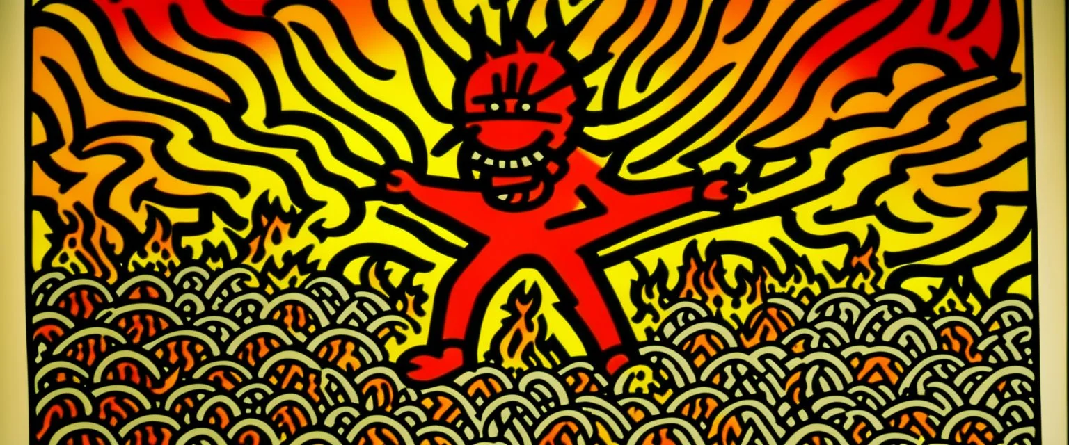 A light rosy orange colored volcano with chaotic fire painted by Keith Haring