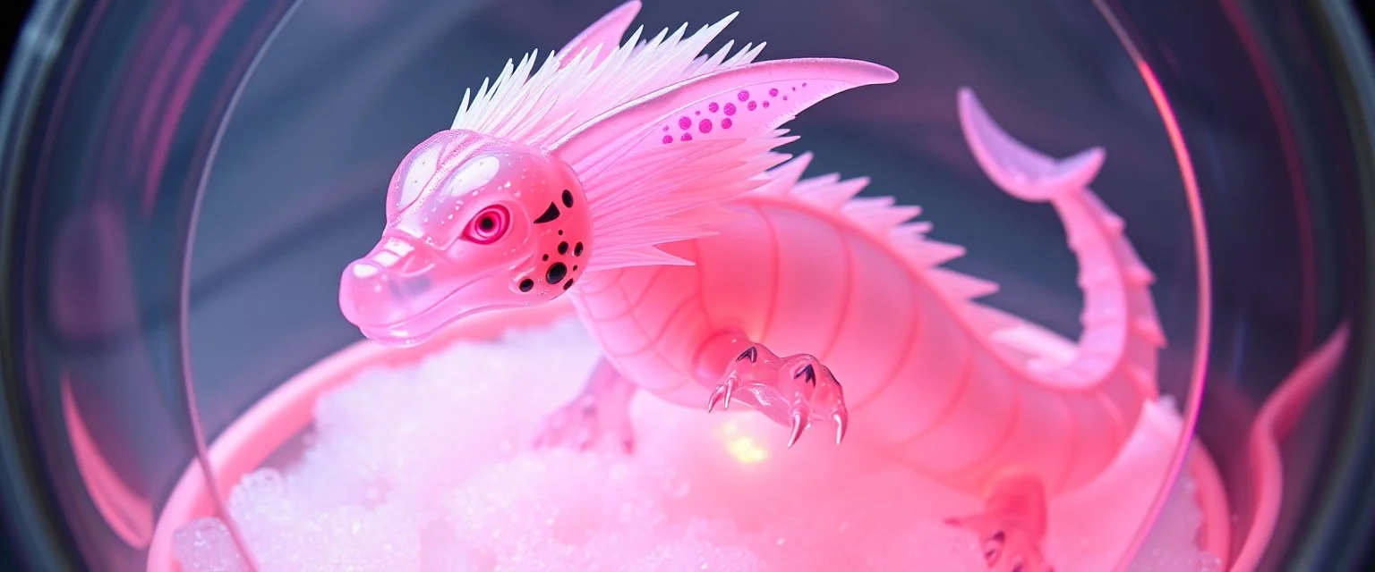 The image depicts a fantastical dolphin snow soup, specifically a transparent dragon with neon flash aura, with a unique and whimsical appearance. The dragon is positioned in a circular frame, which suggests it might be inside a container or a vessel. The dragon's body is elongated and has a segmented appearance, with a detailed texture that gives it a realistic look. Its head is covered with white, spiky hair, adding to its fantastical charm. From the weird dragon lab.