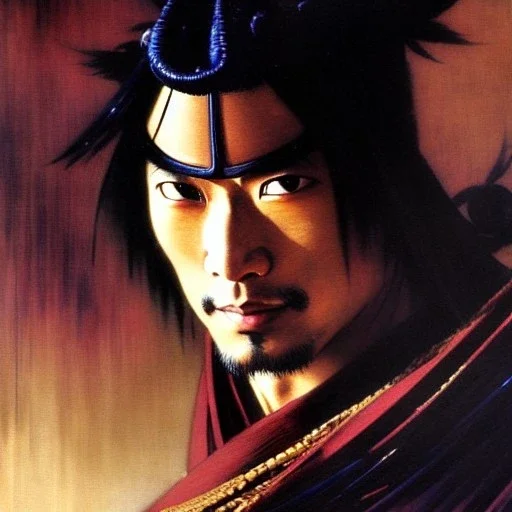 portrait of 'Mujuro Utsutsu-Ninja Scroll',ancient japanese armor, painting by gaston bussiere, greg rutkowski, yoji shinkawa, yoshitaka amano, tsutomu nihei, donato giancola, tim hildebrandt, oil on canvas, cinematic composition, extreme detail,fit full head inside picture,16k