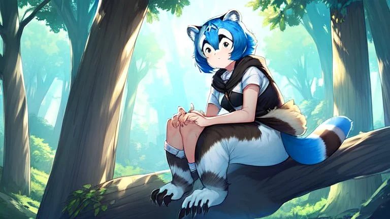 Girl, blue hair, raccoon ears, raccoon tail, raccoon face, forest, sit on tree, raccoon paws on hand, paws on foot