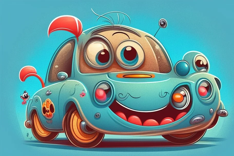 whimsical cartoon car with big eyes and its front grill forming a friendly smile, with a mouse character riding on it.