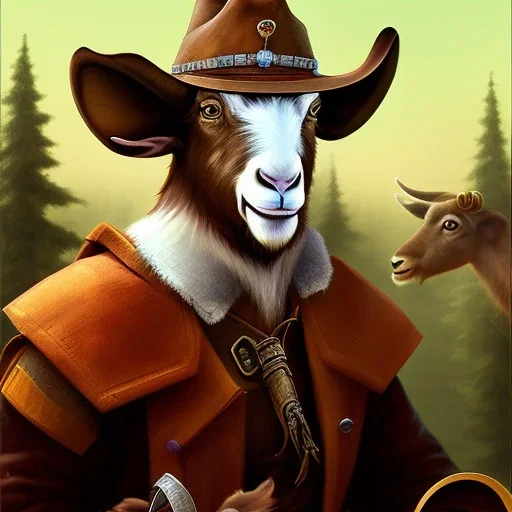 portrait of a western goat anthromorph male with a cowboy hat in the style of redwall