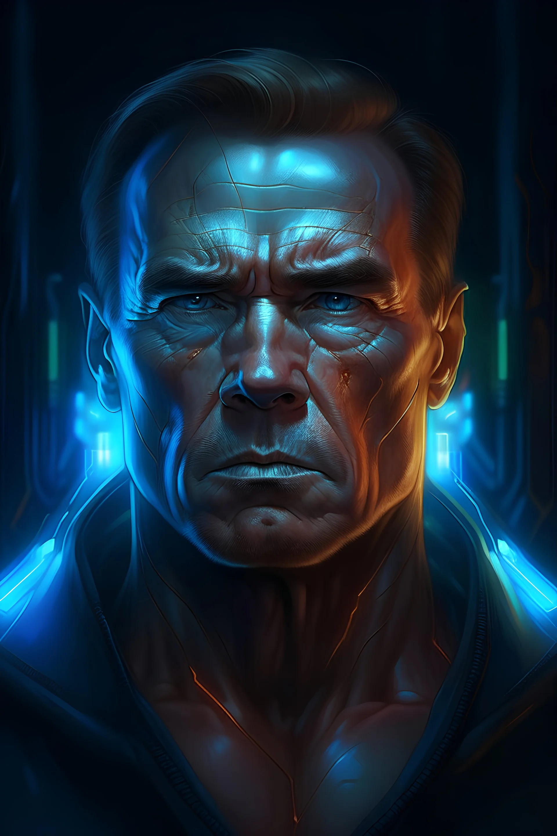 symmetry!! portrait of Arnold Schwarzenegger, sci-fi, cyberpunk, blade runner, glowing lights, tech, biotech, techwear!! intricate, elegant, highly detailed, digital painting, artstation, concept art, smooth, sharp focus, blur, short focal length, illustration, art by artgerm