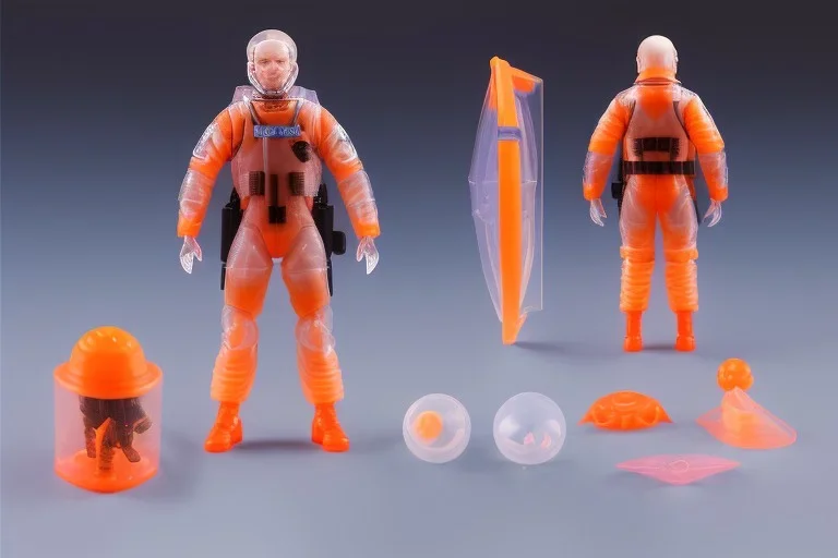 Vaquform Plastic Clear shell toy, packaging, G.I. Joe doll, mike pence space force uniform, orange