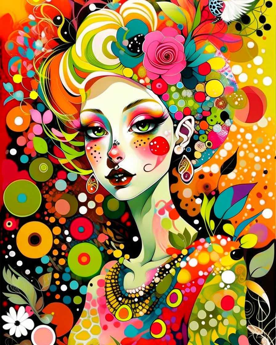 creative artistic modernist vibe, messy painterly, stylized illustration of a pale young woman with distinctive features, wearing a bold polka-dot outfit. She has extremely expressive eyes, sharp face, small nose and is adorned with oversized flowers in her hair. A delicate bird with intricate patterns is perched in her shoulder. bright accents color scheme with textured backgrounds. Overall style is painterly creative artistic modernist with a touch of whimsy vibe.