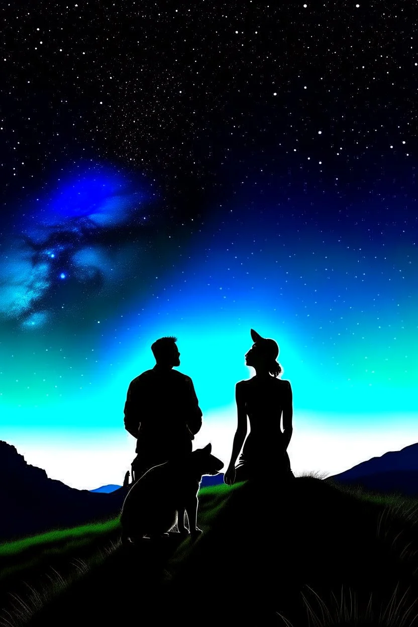 black background on a mountaintop and three silhouettes of a fit man, a silhouette of a fit woman, and silhouette of a Belgian malinois sitting next to the men and the woman looking at the stars