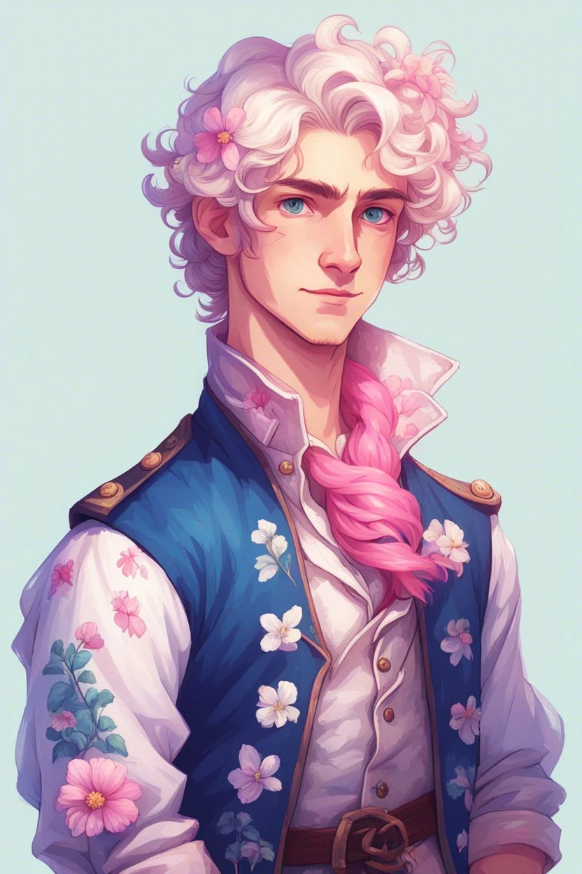 kind young sailor, man, white slightly curly hair, pirate shirt, pink and azure clothes, white floral pattern on jacket, flower in hair, stardew valley style